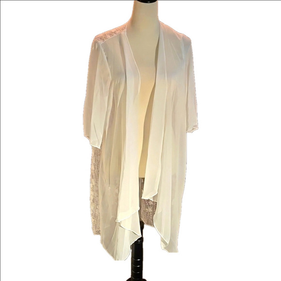 Floral Pattern White Lace Splicing Blouse, Open Front Cover Up Kimono Women 1X - Picture 1 of 13